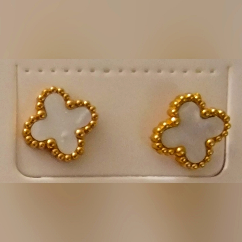 Gold and White Clover Stud Earrings